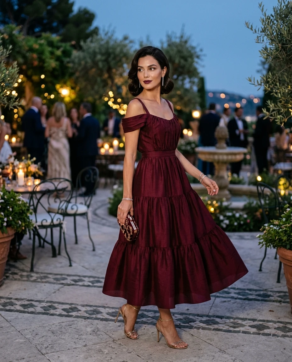 Gemma Deeks Style Guide: Elegant Chic Holiday parties in Burgundy Summer 2026