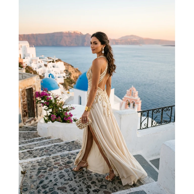 Gemma Deeks Style Guide: Elegant Chic Holiday parties in Santorini Summer 2026