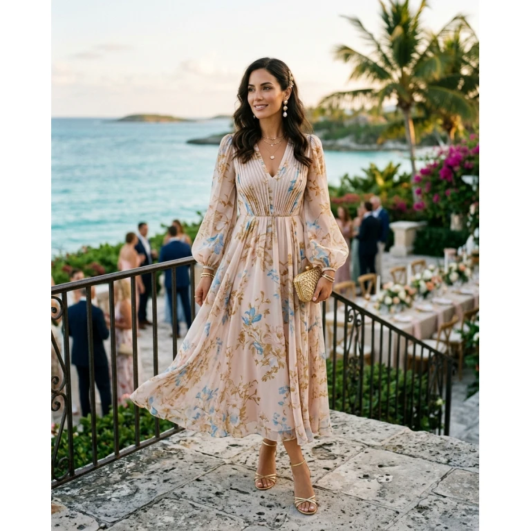 Gemma Deeks Style Guide: Elegant Chic wedding guest dress in Bahamas Summer 2026