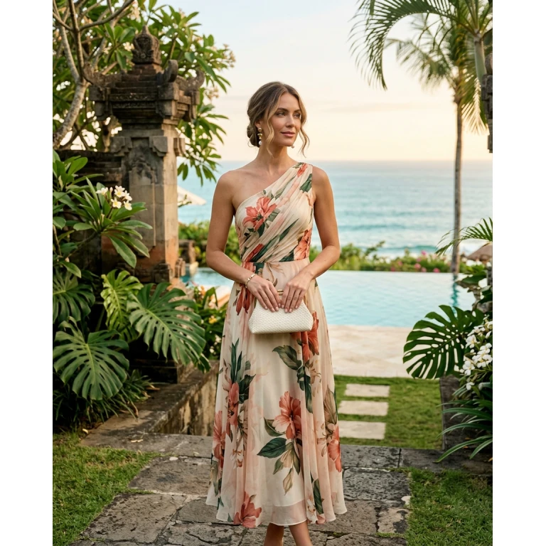 Gemma Deeks Style Guide: Elegant Chic wedding guest dress in Bali Summer 2026