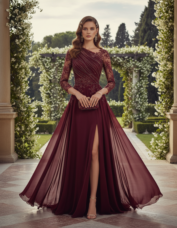 Gemma Deeks Style Guide: Elegant Chic wedding guest dress in Burgundy Summer 2026