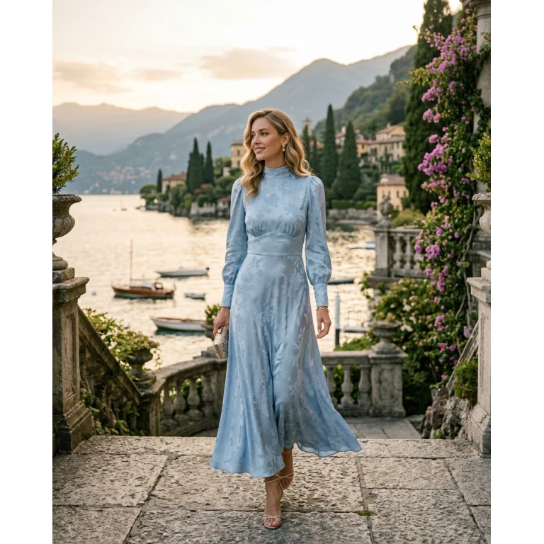 Gemma Deeks Style Guide: Elegant Chic wedding guest dress in Lake Como Summer 2026