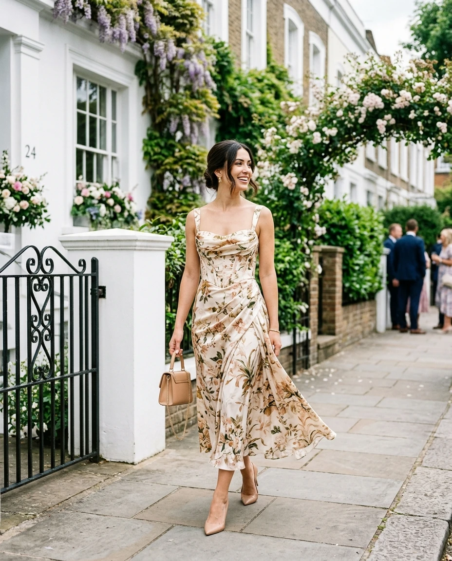 Gemma Deeks Style Guide: Elegant Chic wedding guest dress in London Summer 2026