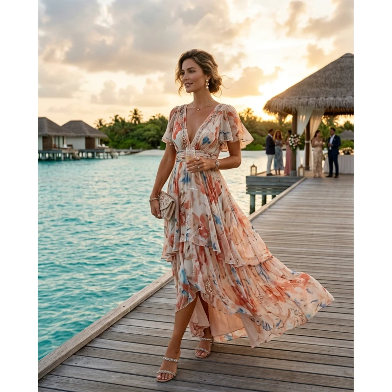 Gemma Deeks Style Guide: Elegant Chic wedding guest dress in Maldives Summer 2026