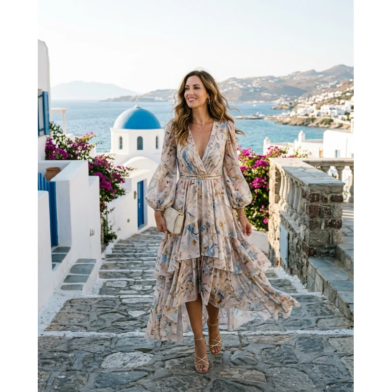 Gemma Deeks Style Guide: Elegant Chic wedding guest dress in Mykonos Summer 2026