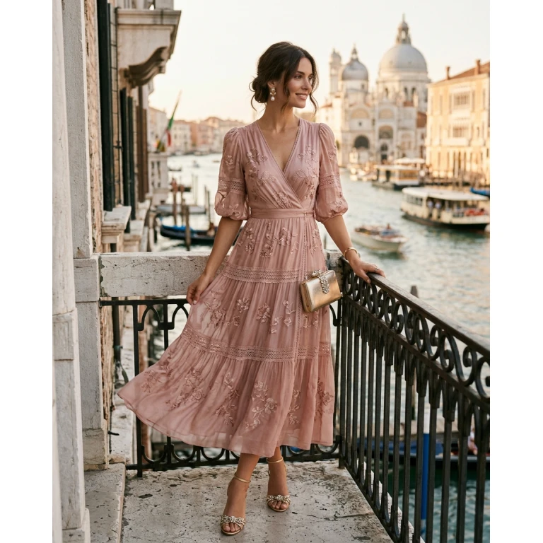 Gemma Deeks Style Guide: Elegant Chic wedding guest dress in Venice Summer 2026