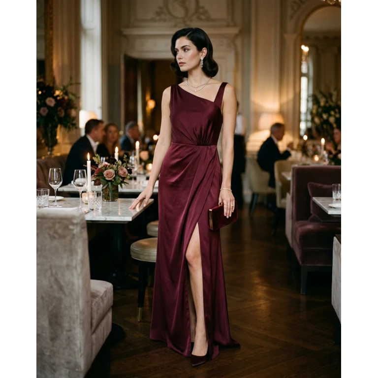 Gemma Deeks Style Guide: Formal attire dinner outfit in Burgundy Summer 2026