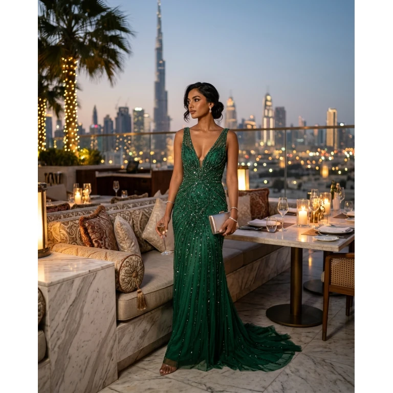 Gemma Deeks Style Guide: Formal attire dinner outfit in Dubai Summer 2026