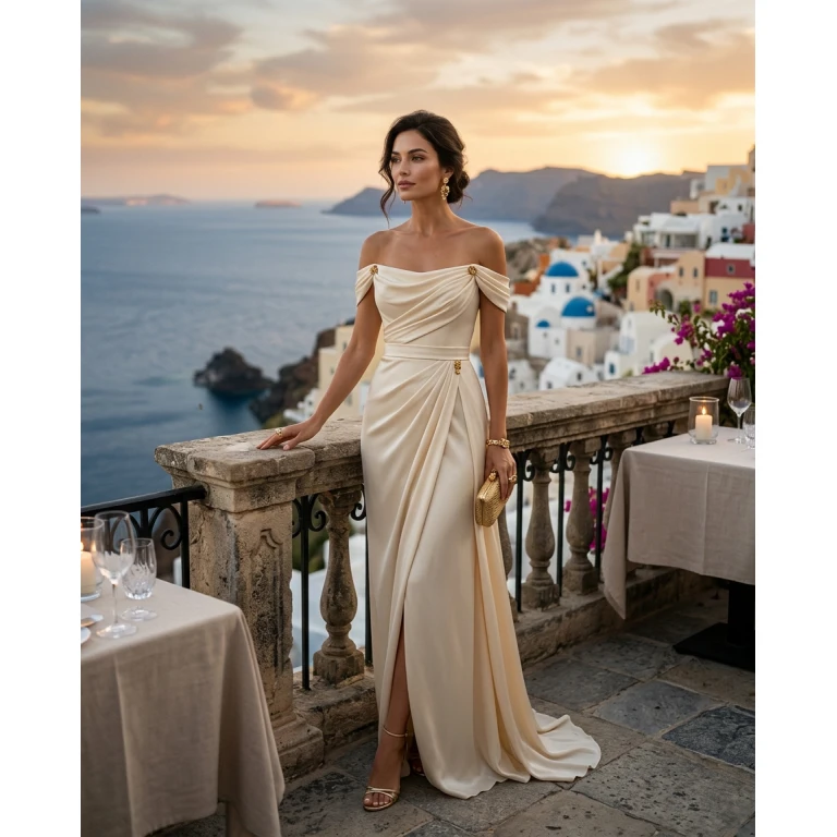 Gemma Deeks Style Guide: Formal attire dinner outfit in Greece Summer 2026