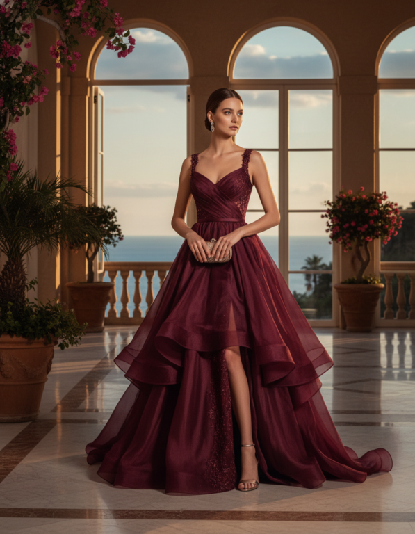 Gemma Deeks Style Guide: Formal attire gala gown in Burgundy Summer 2026