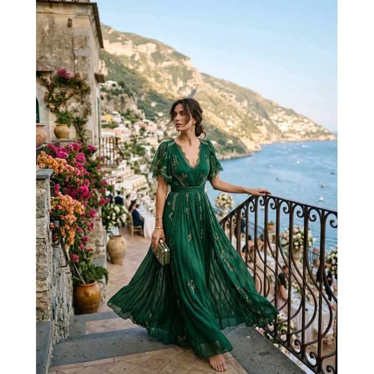 Gemma Deeks Style Guide: Formal attire wedding guest dress in Amalfi Coast Summer 2026