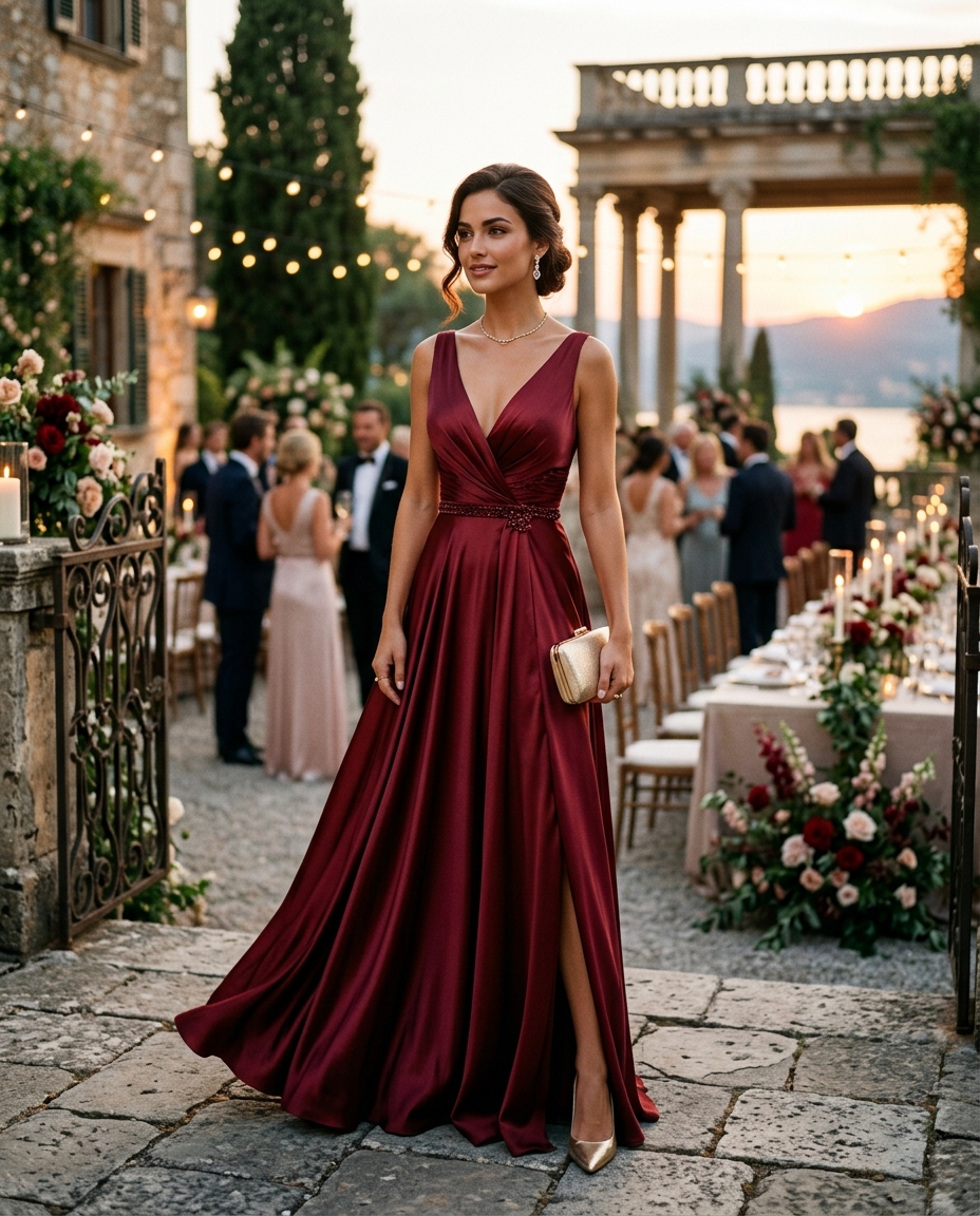 Gemma Deeks Style Guide: Formal attire wedding guest dress in Burgundy Summer 2026