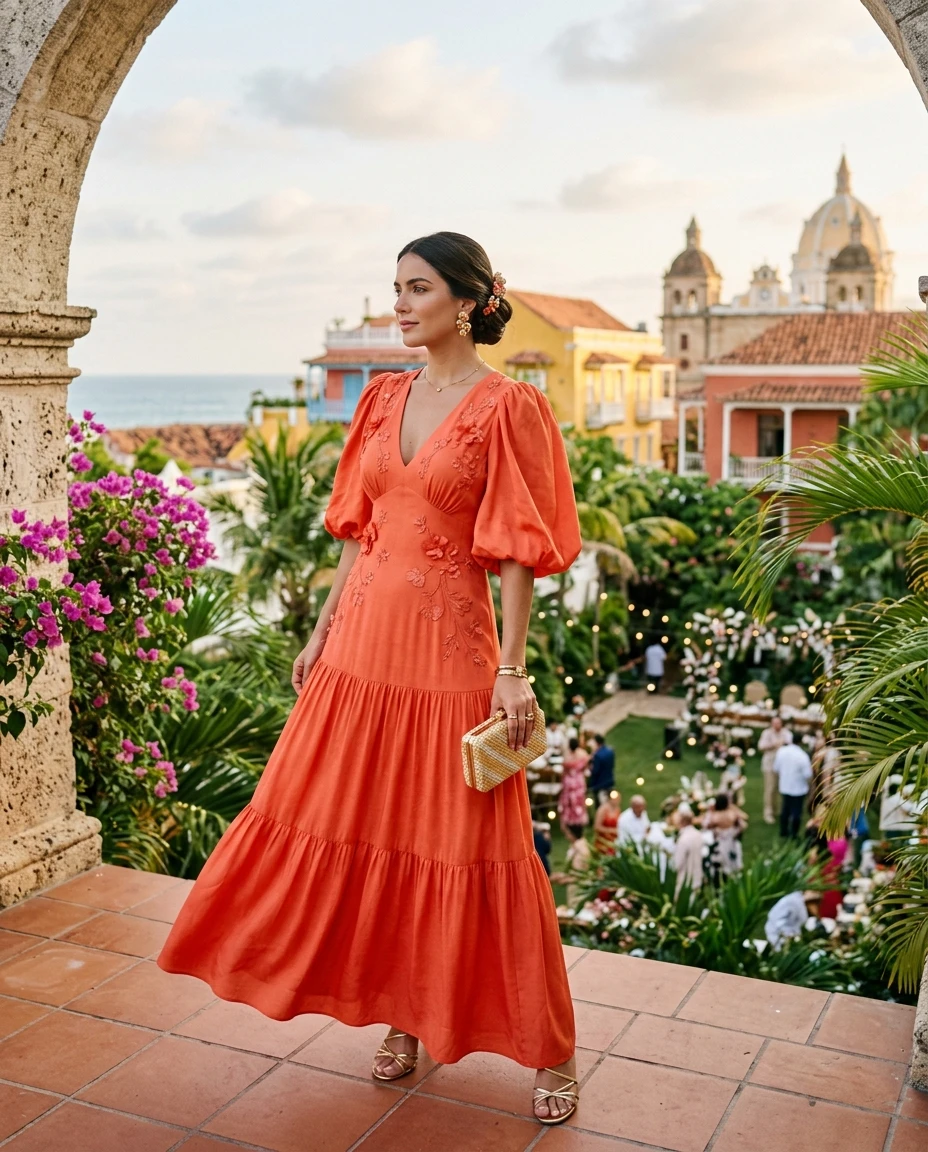 Gemma Deeks Style Guide: Formal attire wedding guest dress in Colombia Summer 2026