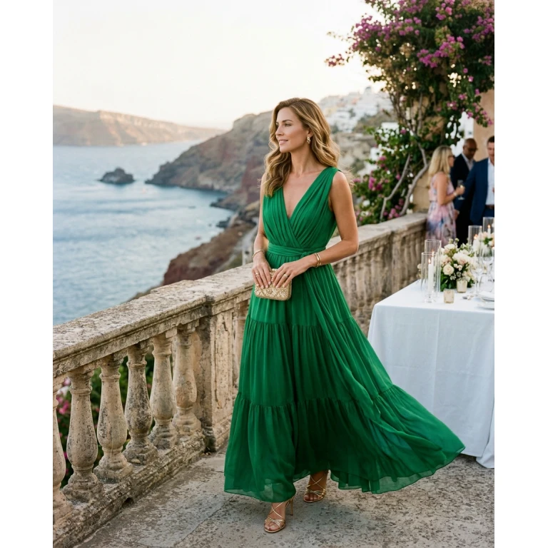 Gemma Deeks Style Guide: Formal attire wedding guest dress in Crete Summer 2026