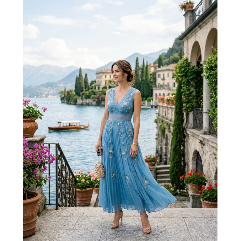 Gemma Deeks Style Guide: Formal attire wedding guest dress in Lake Como Summer 2026