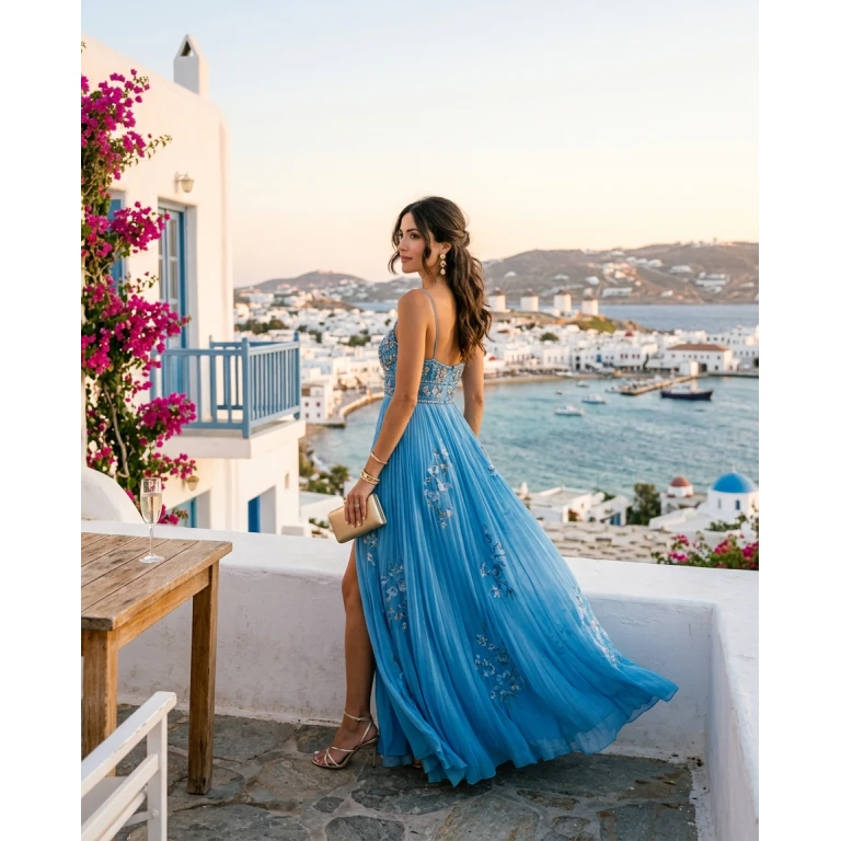 Gemma Deeks Style Guide: Formal attire wedding guest dress in Mykonos Summer 2026