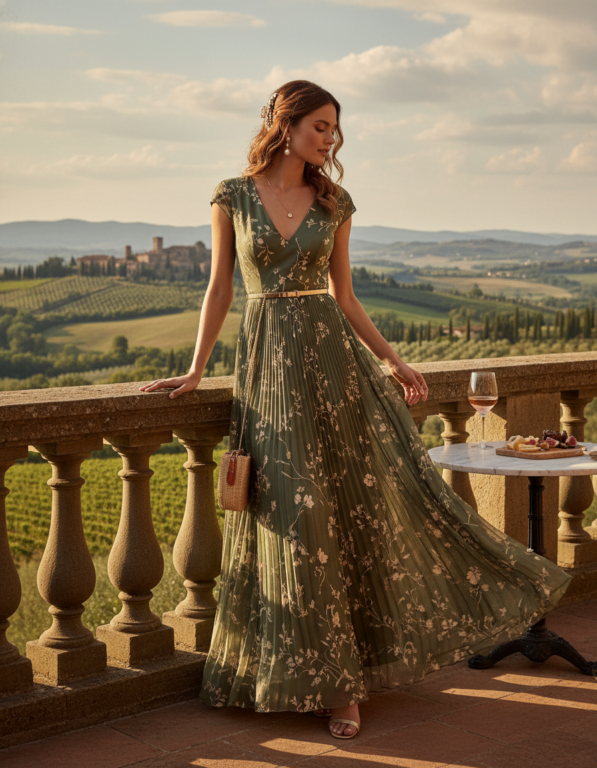 Gemma Deeks Style Guide: Formal attire wedding guest dress in Tuscany Summer 2026
