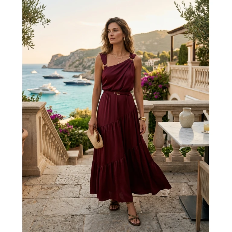 Gemma Deeks Style Guide: Resort chic Designer Summer Dresses in Burgundy Summer 2026