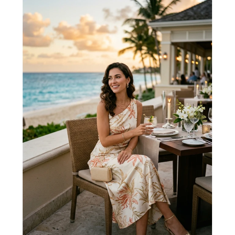 Gemma Deeks Style Guide: Resort chic dinner outfit in Bahamas Summer 2026