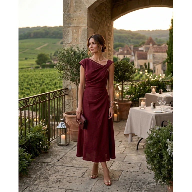 Gemma Deeks Style Guide: Resort chic dinner outfit in Burgundy Summer 2026