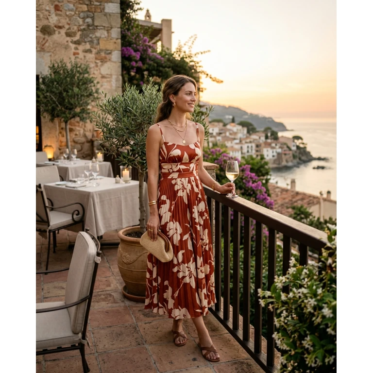 Gemma Deeks Style Guide: Resort chic dinner outfit in Catalonia Summer 2026