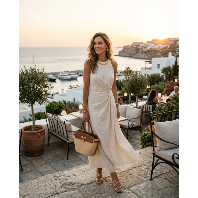 Gemma Deeks Style Guide: Resort chic dinner outfit in Cyprus Summer 2026