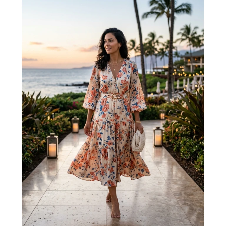 Gemma Deeks Style Guide: Resort chic dinner outfit in Hawaii Summer 2026