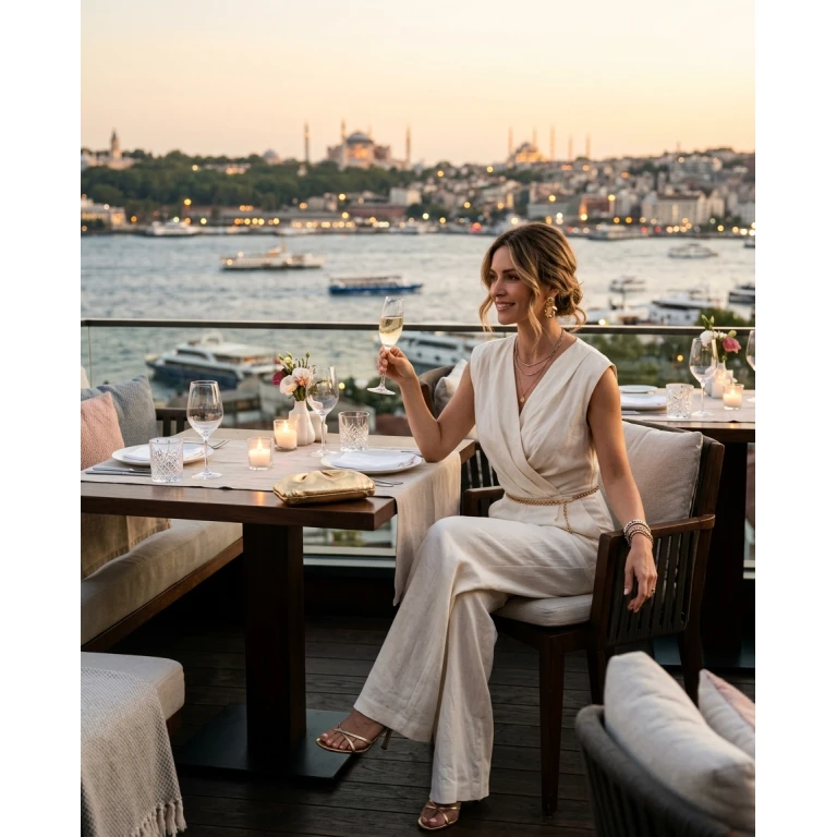 Gemma Deeks Style Guide: Resort chic dinner outfit in Istanbul Summer 2026