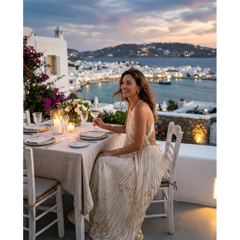 Gemma Deeks Style Guide: Resort chic dinner outfit in Mykonos Summer 2026
