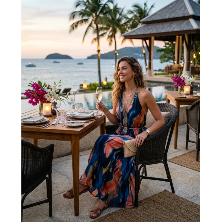 Gemma Deeks Style Guide: Resort chic dinner outfit in Phuket Summer 2026