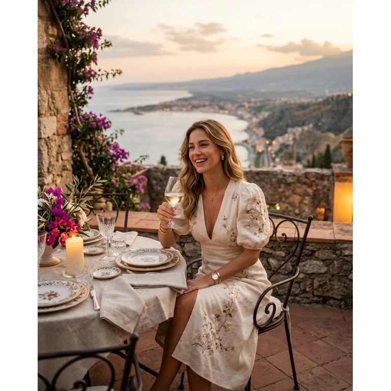 Gemma Deeks Style Guide: Resort chic dinner outfit in Sicily Summer 2026