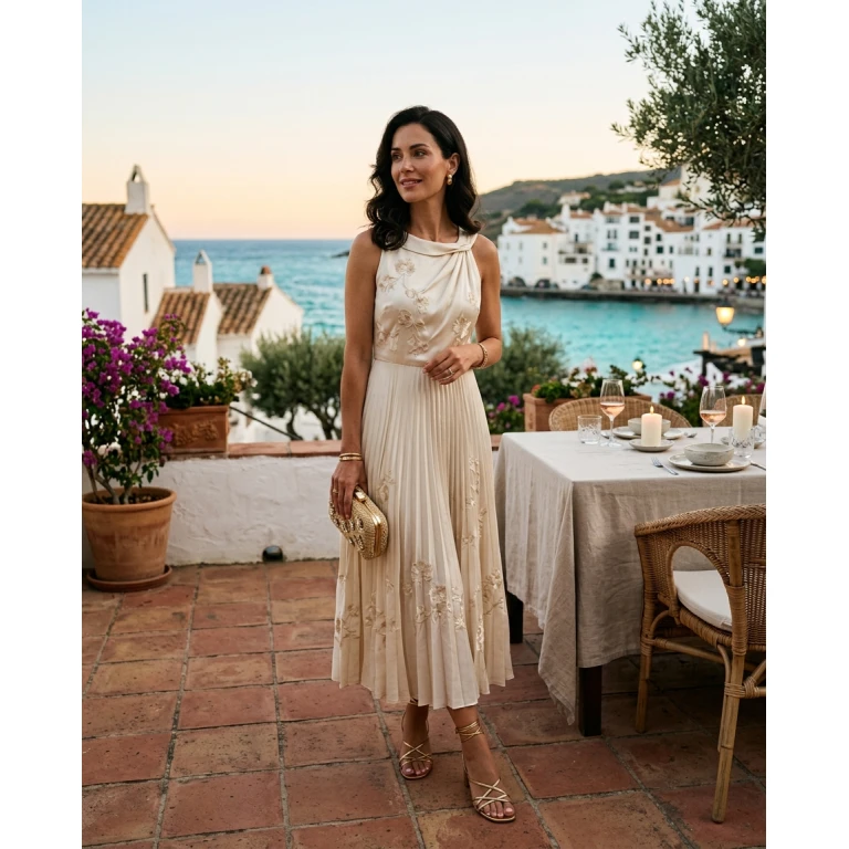 Gemma Deeks Style Guide: Resort chic dinner outfit in Spain Summer 2026