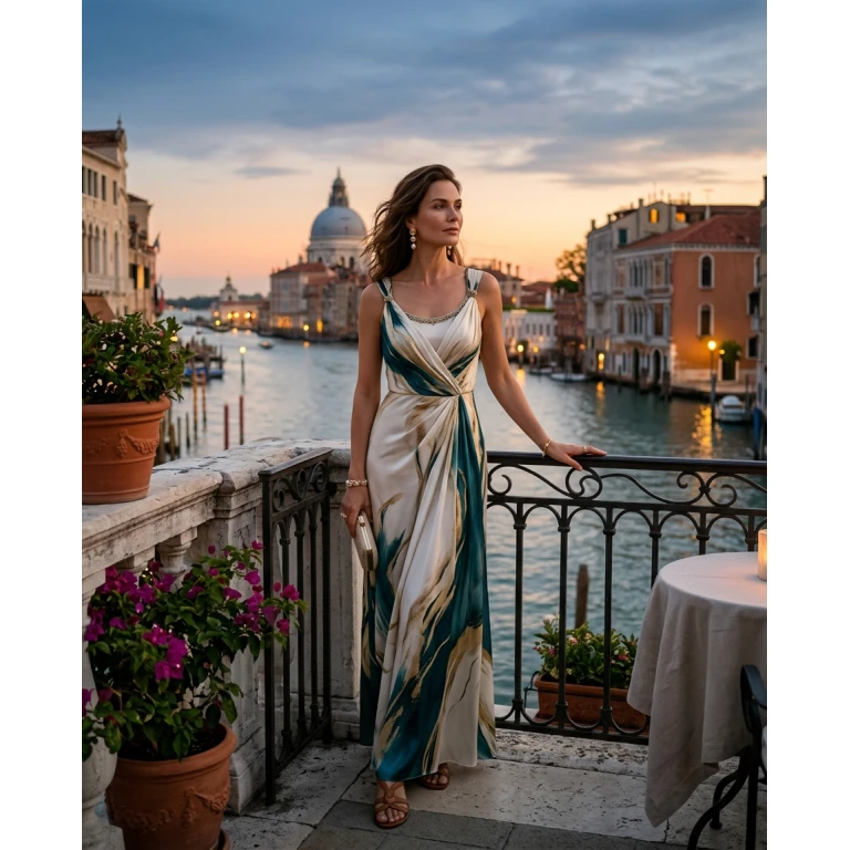 Gemma Deeks Style Guide: Resort chic dinner outfit in Venice Summer 2026