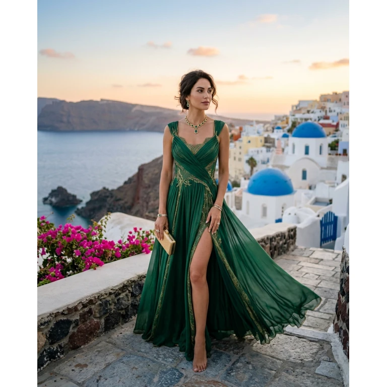 Gemma Deeks Style Guide: Resort chic gala gown in Greece Summer 2026