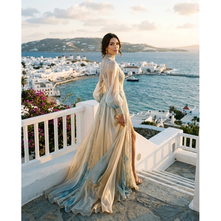 Gemma Deeks Style Guide: Resort chic gala gown in Mykonos Summer 2026
