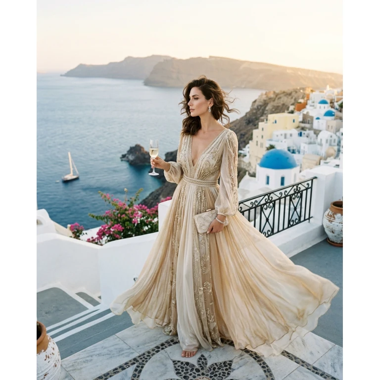 Gemma Deeks Style Guide: Resort chic gala gown in Santorini Summer 2026