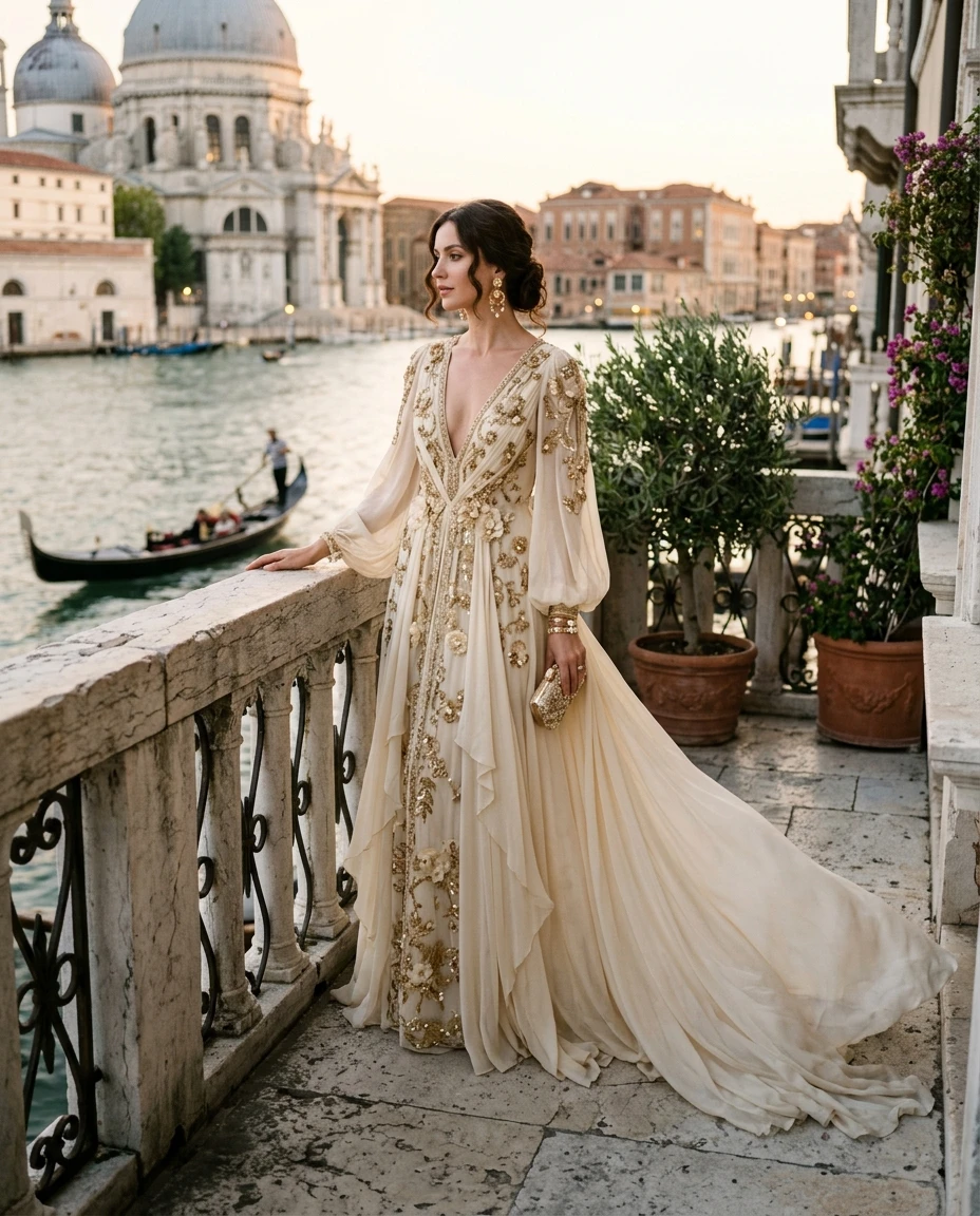 Gemma Deeks Style Guide: Resort chic gala gown in Venice Summer 2026