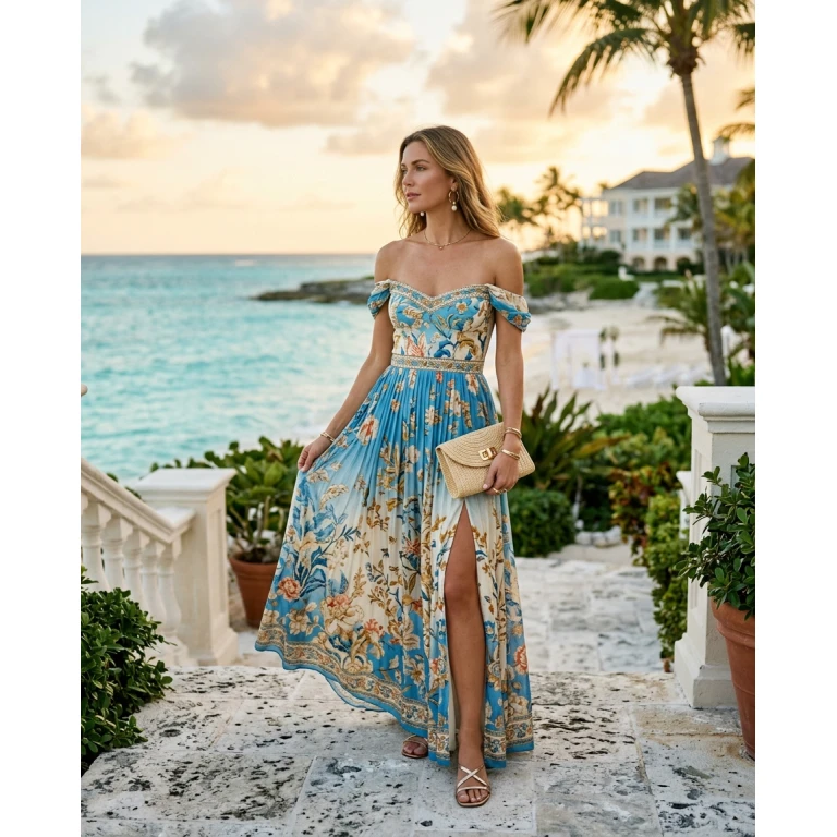 Gemma Deeks Style Guide: Resort chic wedding guest dress in Bahamas Summer 2026