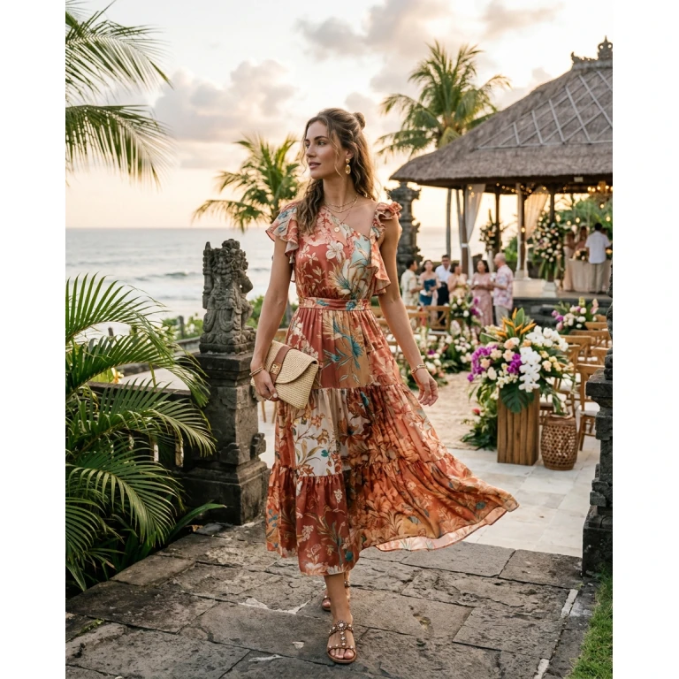 Gemma Deeks Style Guide: Resort chic wedding guest dress in Bali Summer 2026