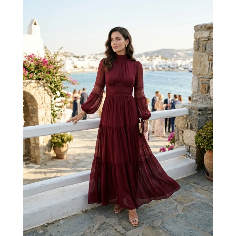 Gemma Deeks Style Guide: Resort chic wedding guest dress in Burgundy Summer 2026