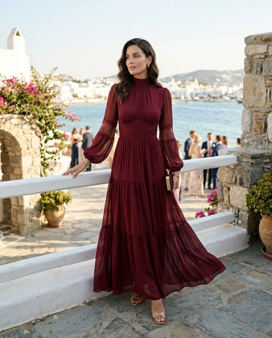 Gemma Deeks Style Guide: Resort chic wedding guest dress in Burgundy Summer 2026