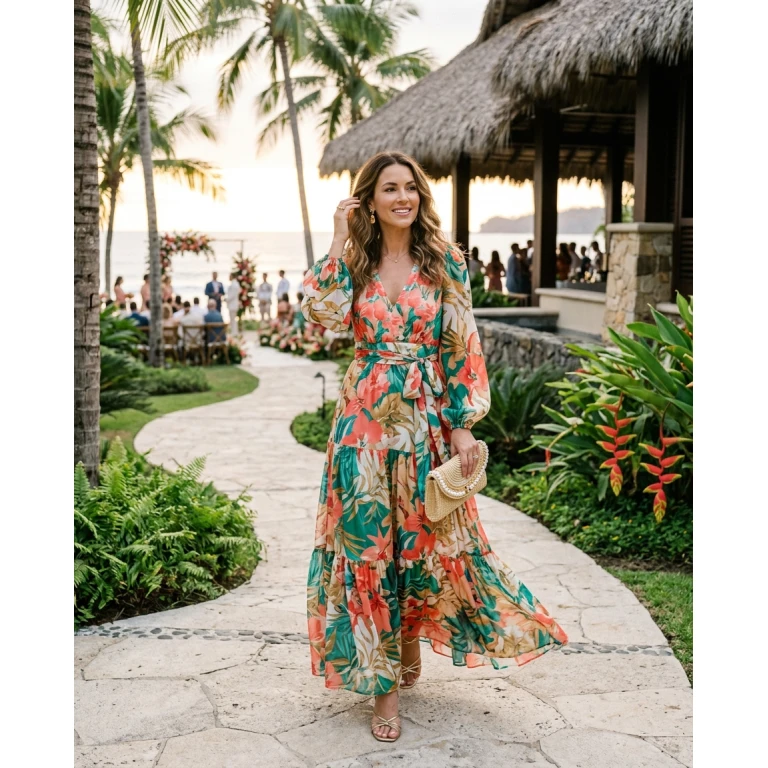 Gemma Deeks Style Guide: Resort chic wedding guest dress in Costa Rica Summer 2026