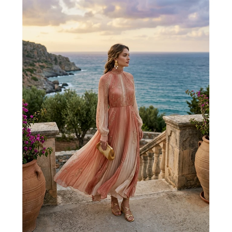 Gemma Deeks Style Guide: Resort chic wedding guest dress in Crete Summer 2026