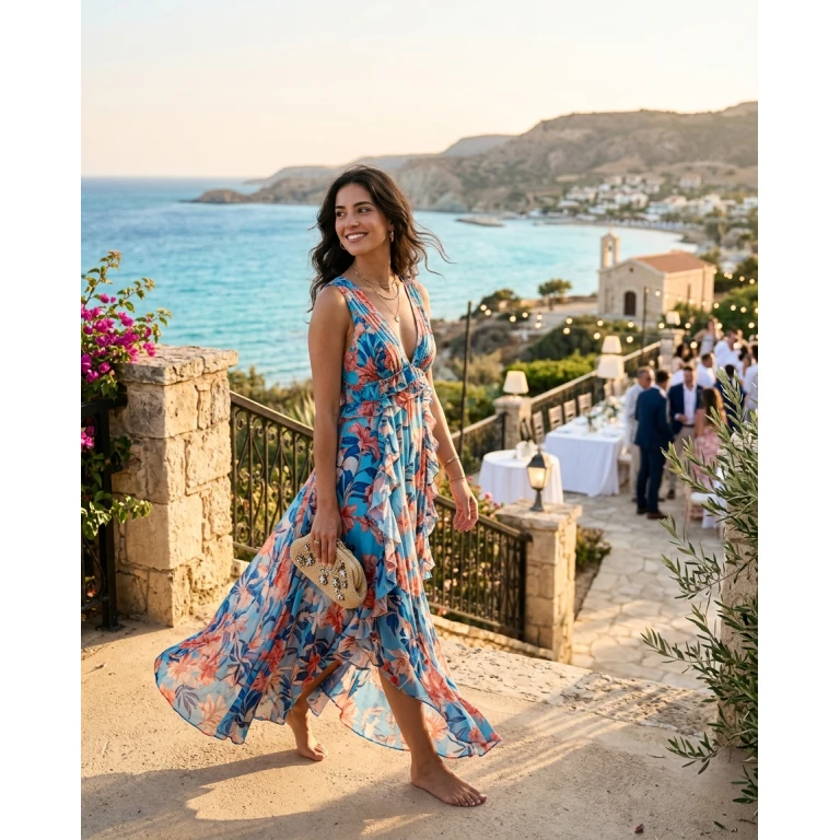 Gemma Deeks Style Guide: Resort chic wedding guest dress in Cyprus Summer 2026
