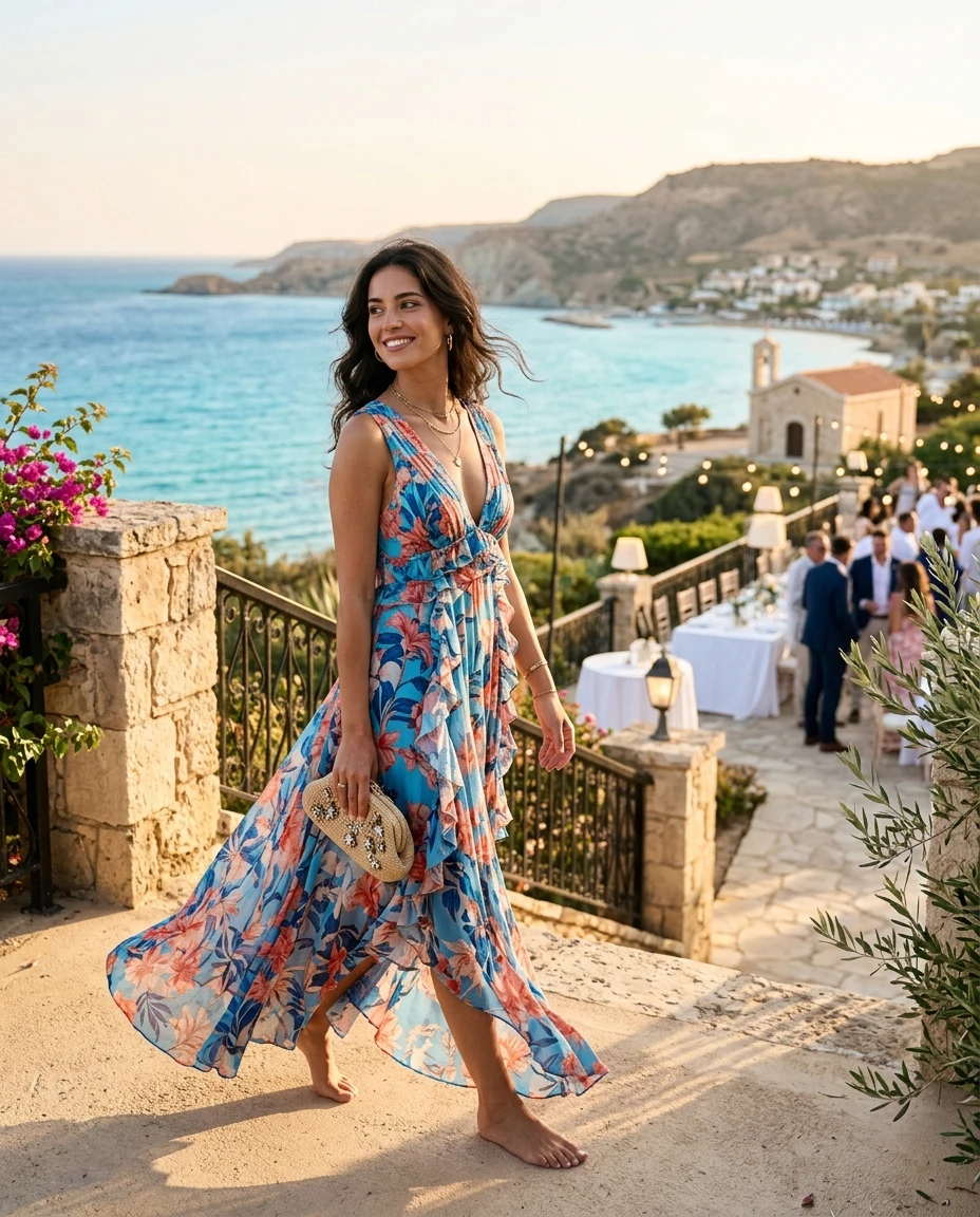 Gemma Deeks Style Guide: Resort chic wedding guest dress in Cyprus Summer 2026