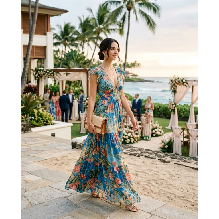 Gemma Deeks Style Guide: Resort chic wedding guest dress in Hawaii Summer 2026