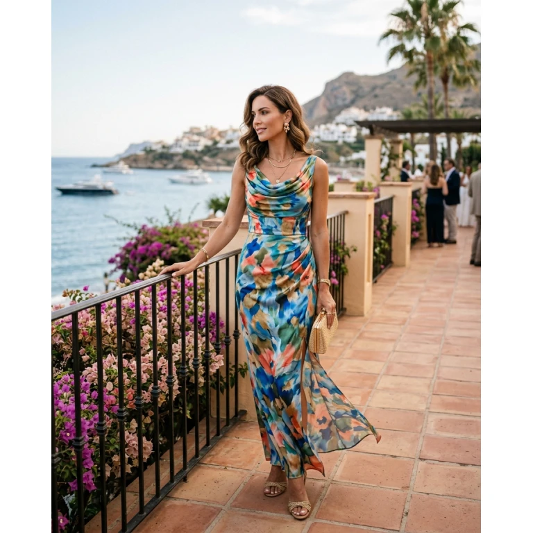 Gemma Deeks Style Guide: Resort chic wedding guest dress in Marbella Summer 2026