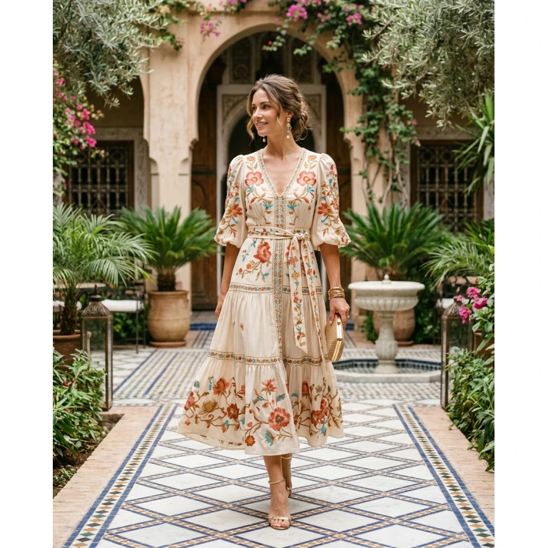 Gemma Deeks Style Guide: Resort chic wedding guest dress in Marrakech Summer 2026