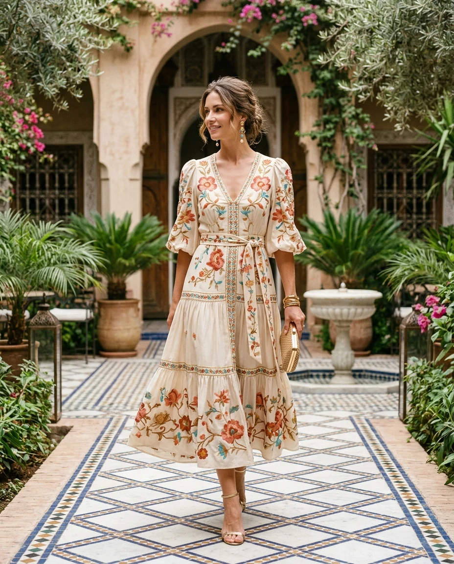 Gemma Deeks Style Guide: Resort chic wedding guest dress in Marrakech Summer 2026