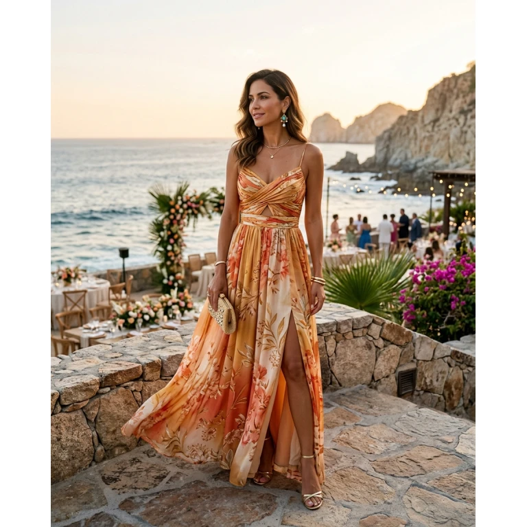 Gemma Deeks Style Guide: Resort chic wedding guest dress in Mexico Summer 2026